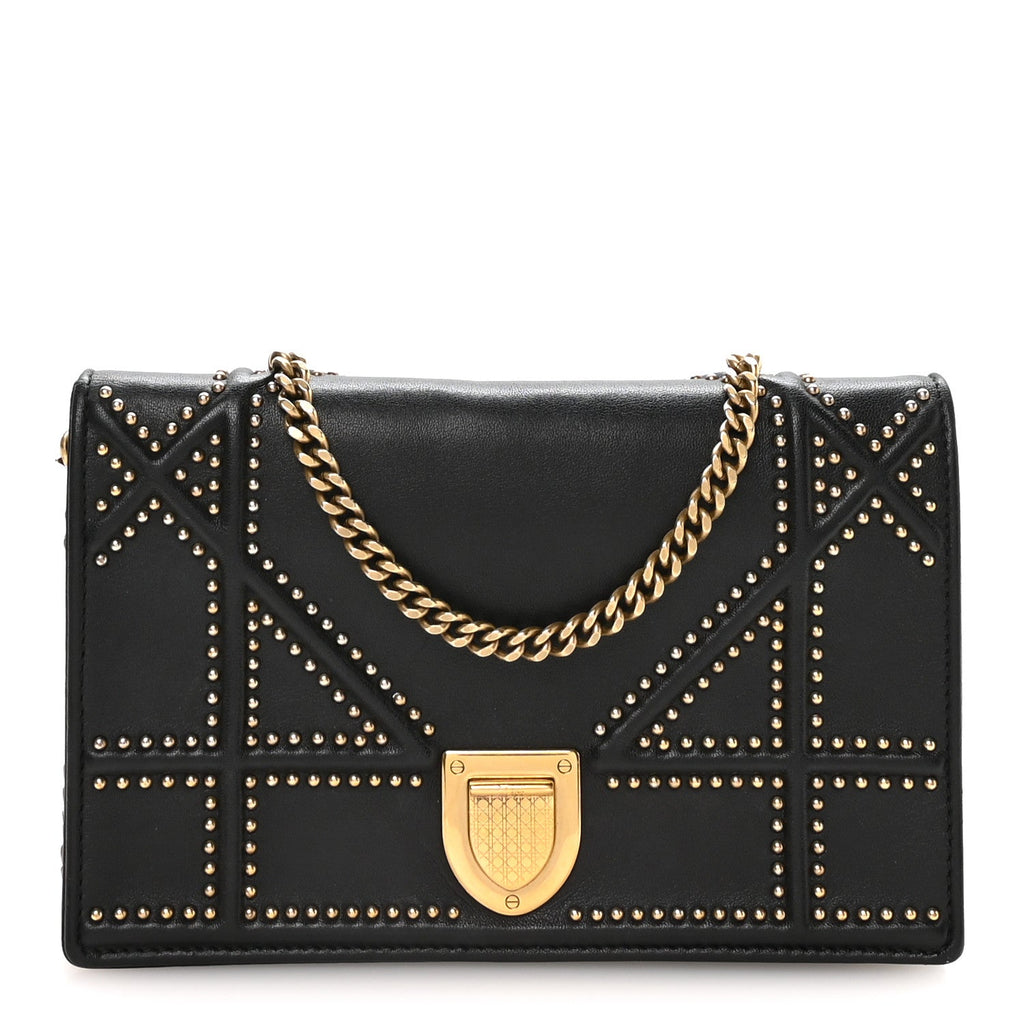 Calfskin Studded Diorama Wallet on Chain Pouch Black