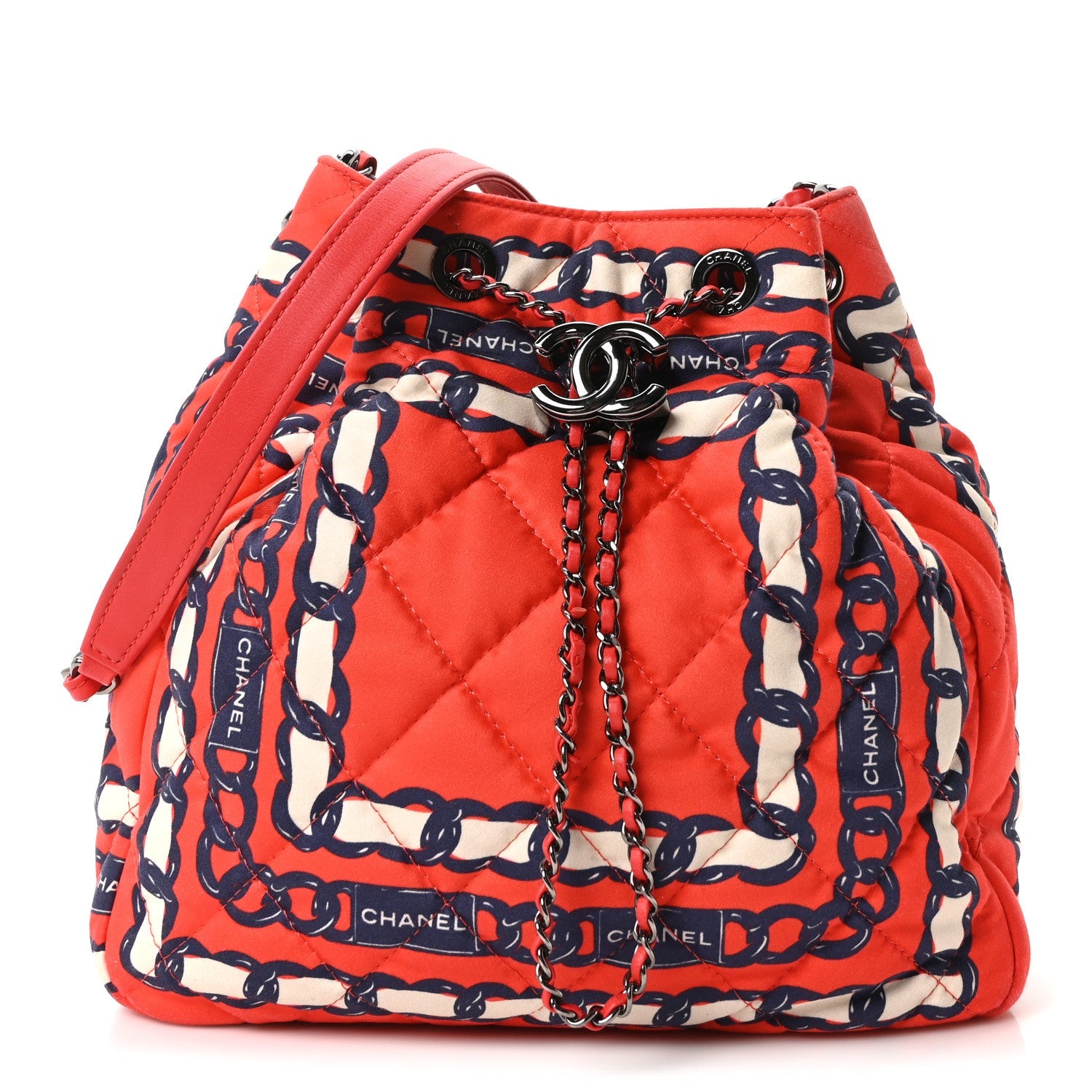 Silk Quilted Chain Printed Bucket Bag Red