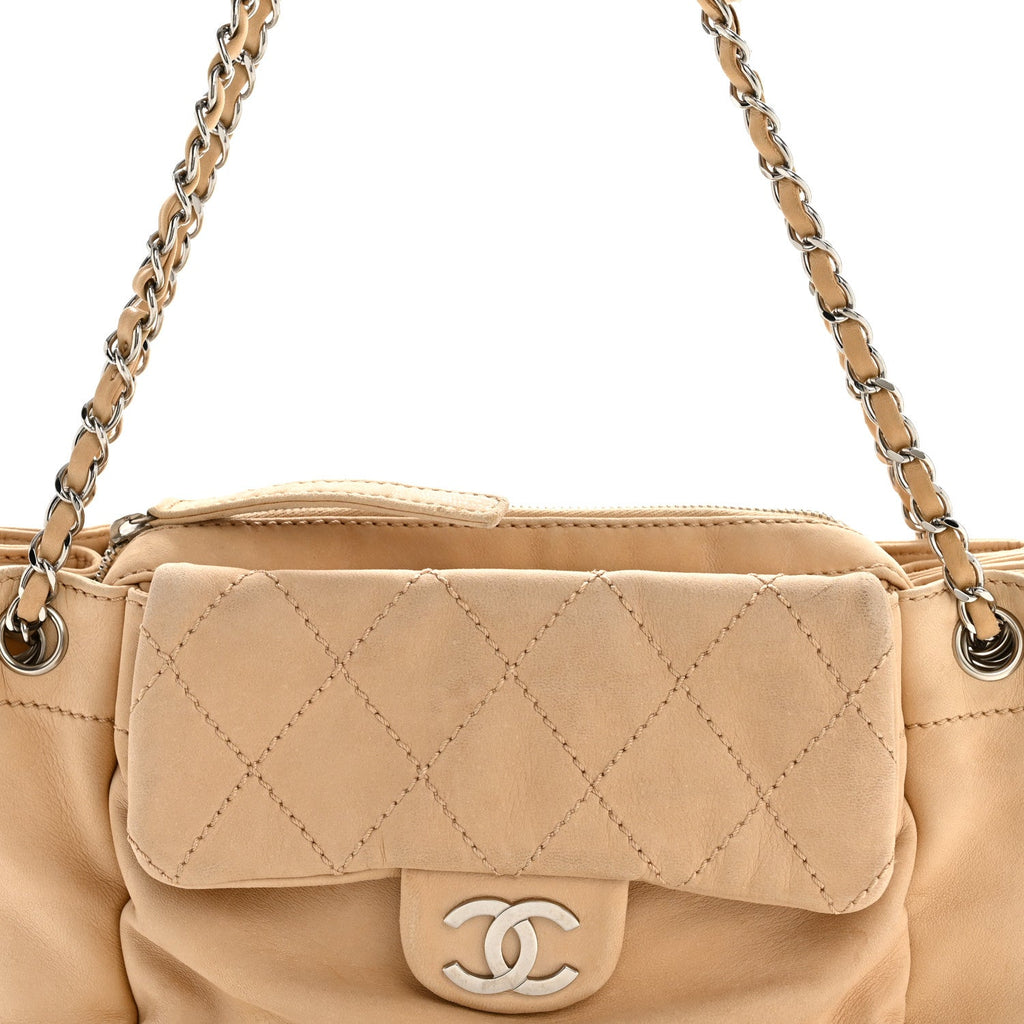 Lambskin Stitched Accordion Flap Tote Beige