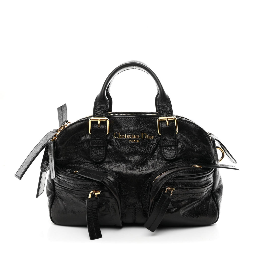 Crinkled Calfskin Small Grand Tour Bowling Bag Black