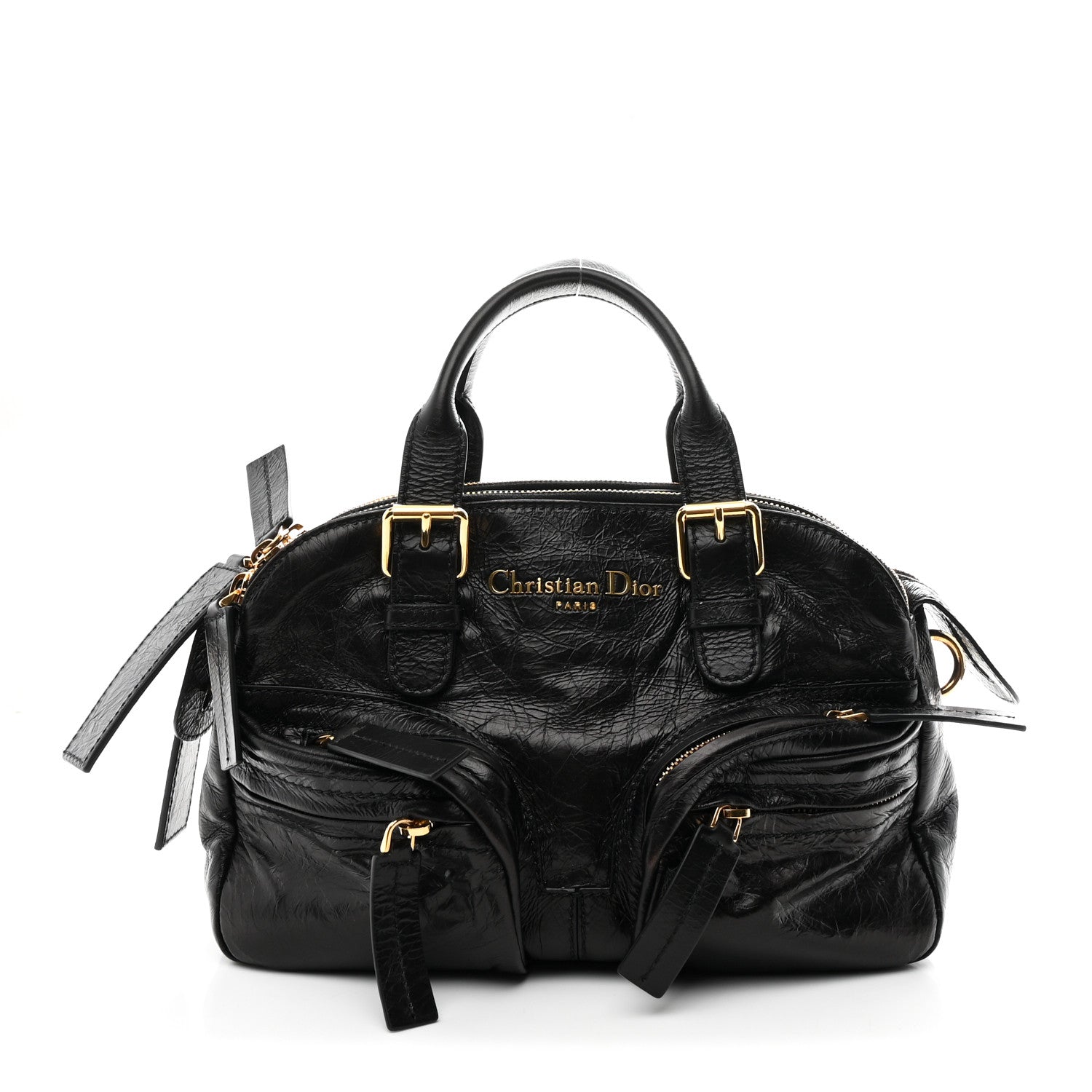 Crinkled Calfskin Small Grand Tour Bowling Bag Black