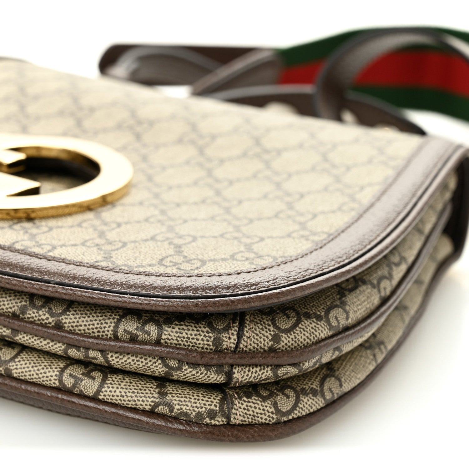 GG Supreme Monogram Textured Dollar Calfskin Web Medium Blondie Top Handle Shoulder Flap Bag Beige Ebony New Acero