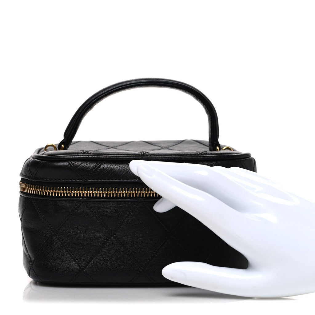 Lambskin Diamond Stitched Top Handle Vanity Case Black