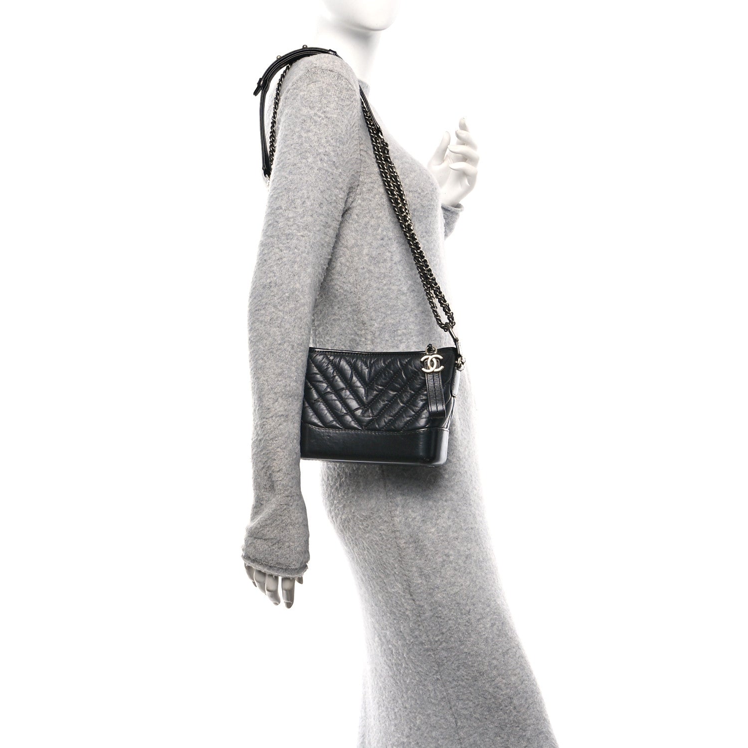 Aged Calfskin Chevron Quilted Small Gabrielle Hobo Black