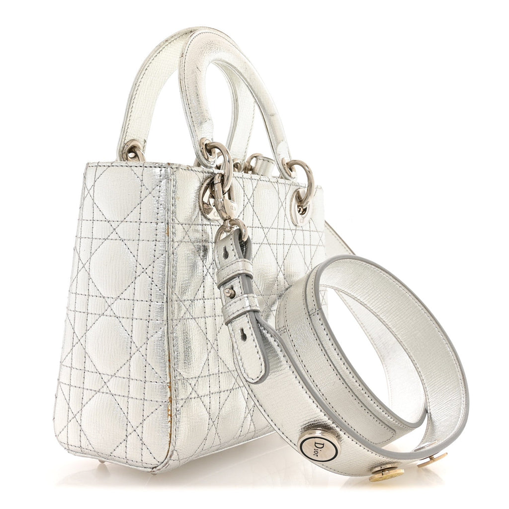 Metallic Grained Calfskin Cannage Small Lucky Badges My Lady Dior Silver