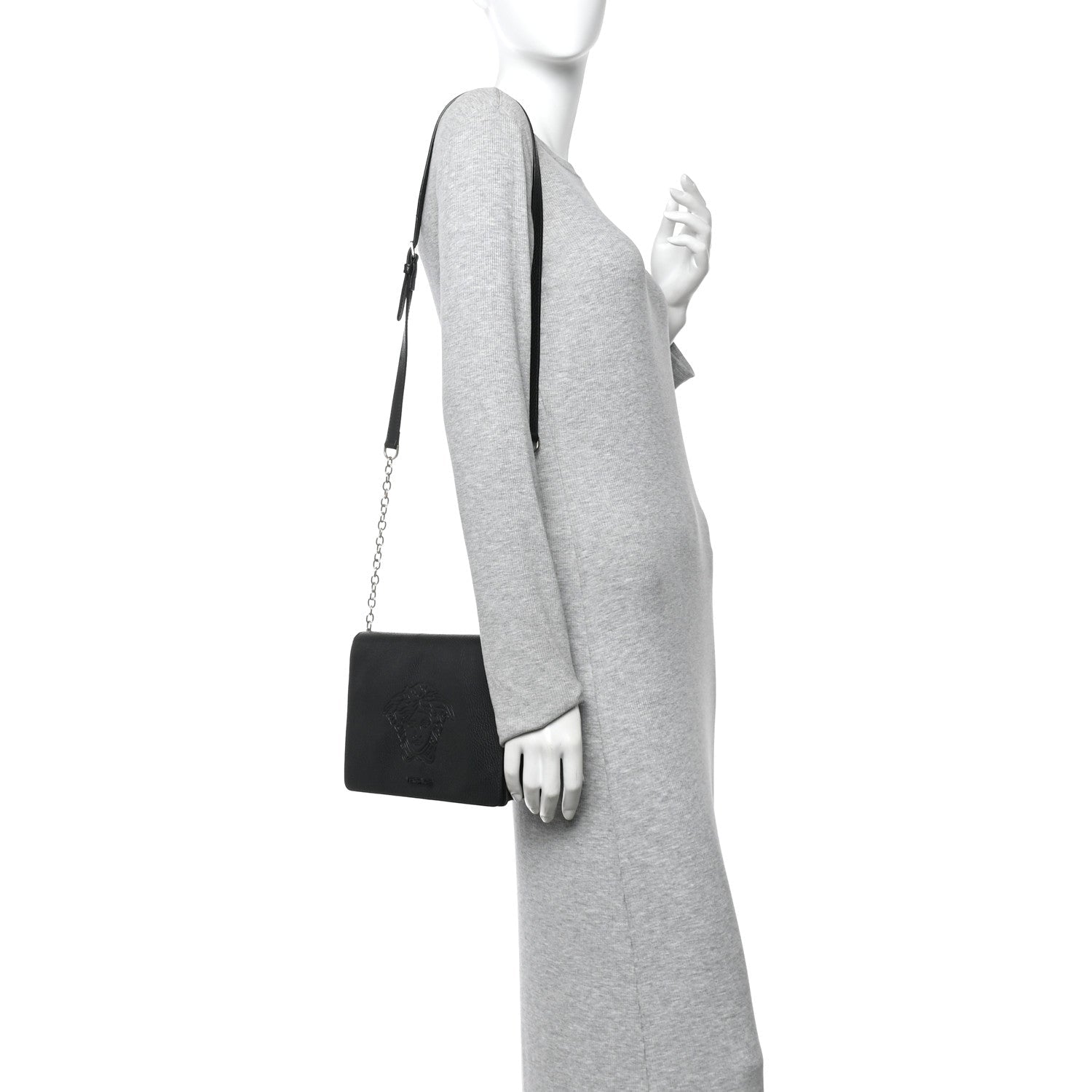 Grained Calfskin Embossed Medusa Flap Bag Black