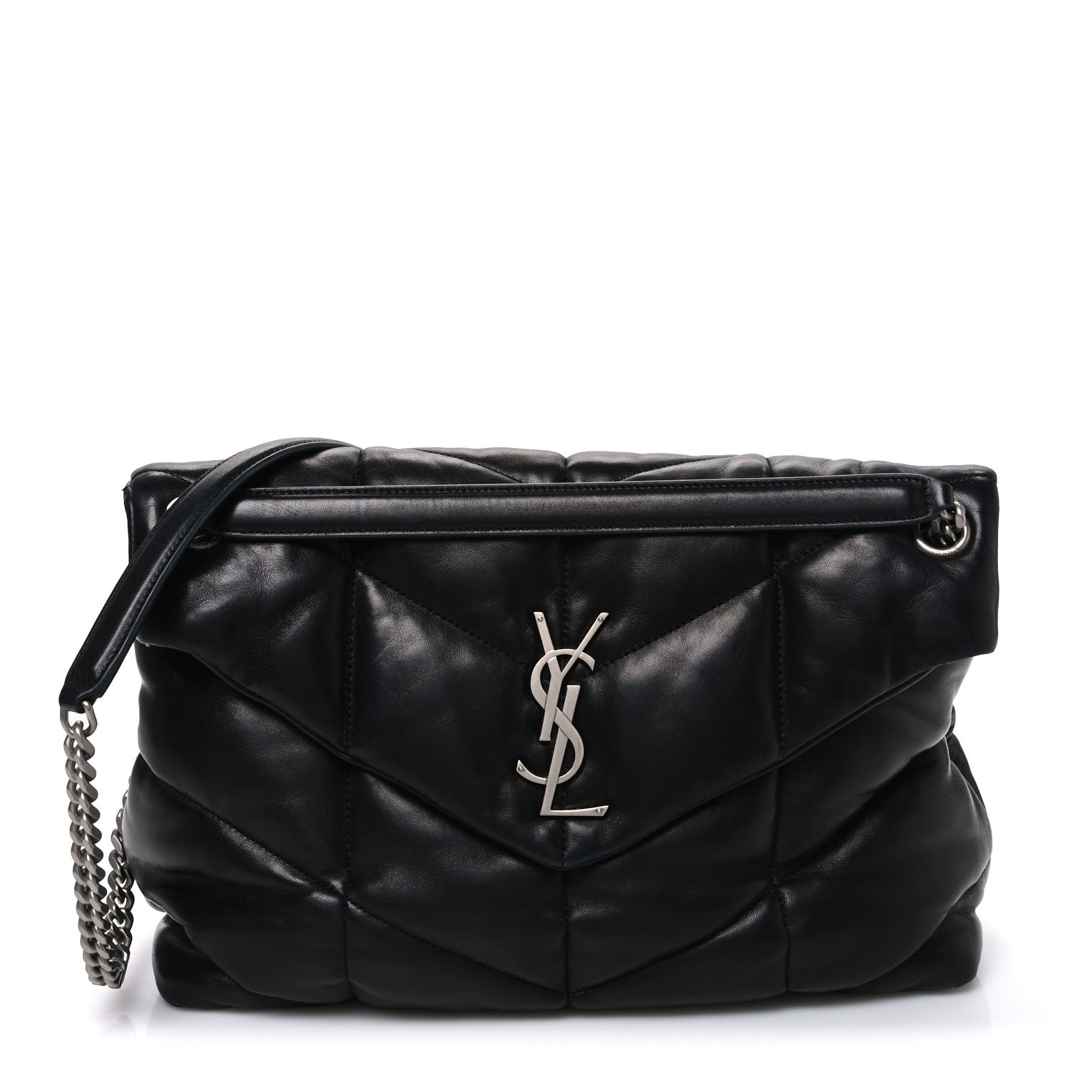 Lambskin Quilted Medium Loulou Puffer Monogram Chain Satchel Black
