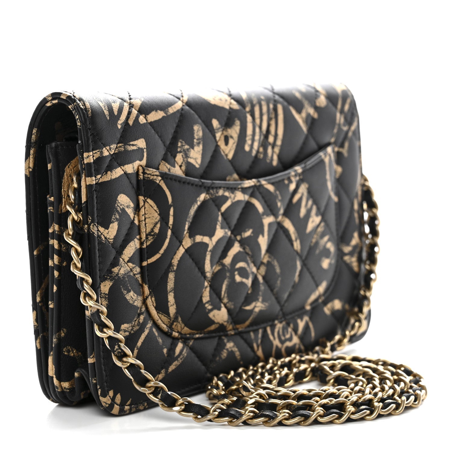 Calfskin Quilted Graffiti Pyramid Wallet On Chain WOC Black