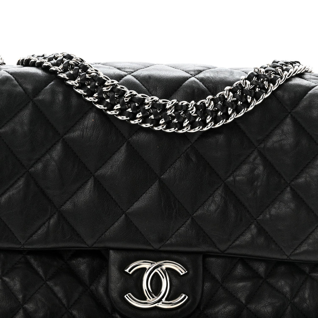 Washed Lambskin Quilted Maxi Chain Around Flap Black