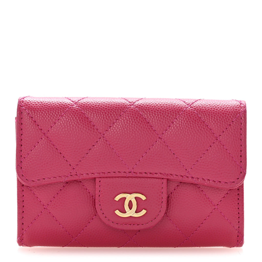 Caviar Quilted Flap  Holder Wallet Dark Pink