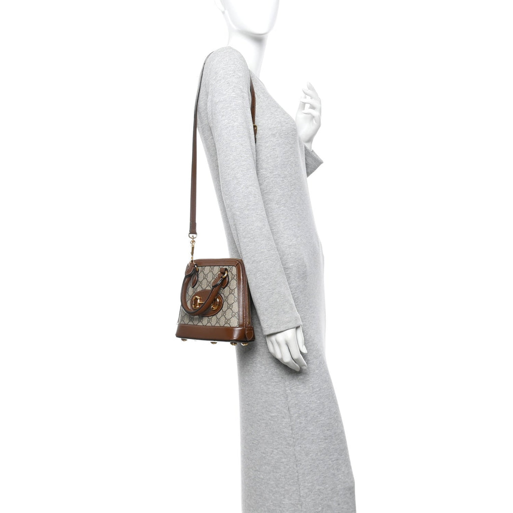 GG Supreme Monogram Azalea Calfskin Mini Horsebit 1955 Top Handle Bag Beige Ebony Brown Sugar