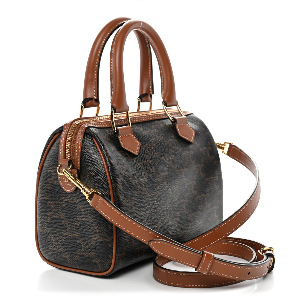 Triomphe Canvas Calfskin Small Boston Bag Tan