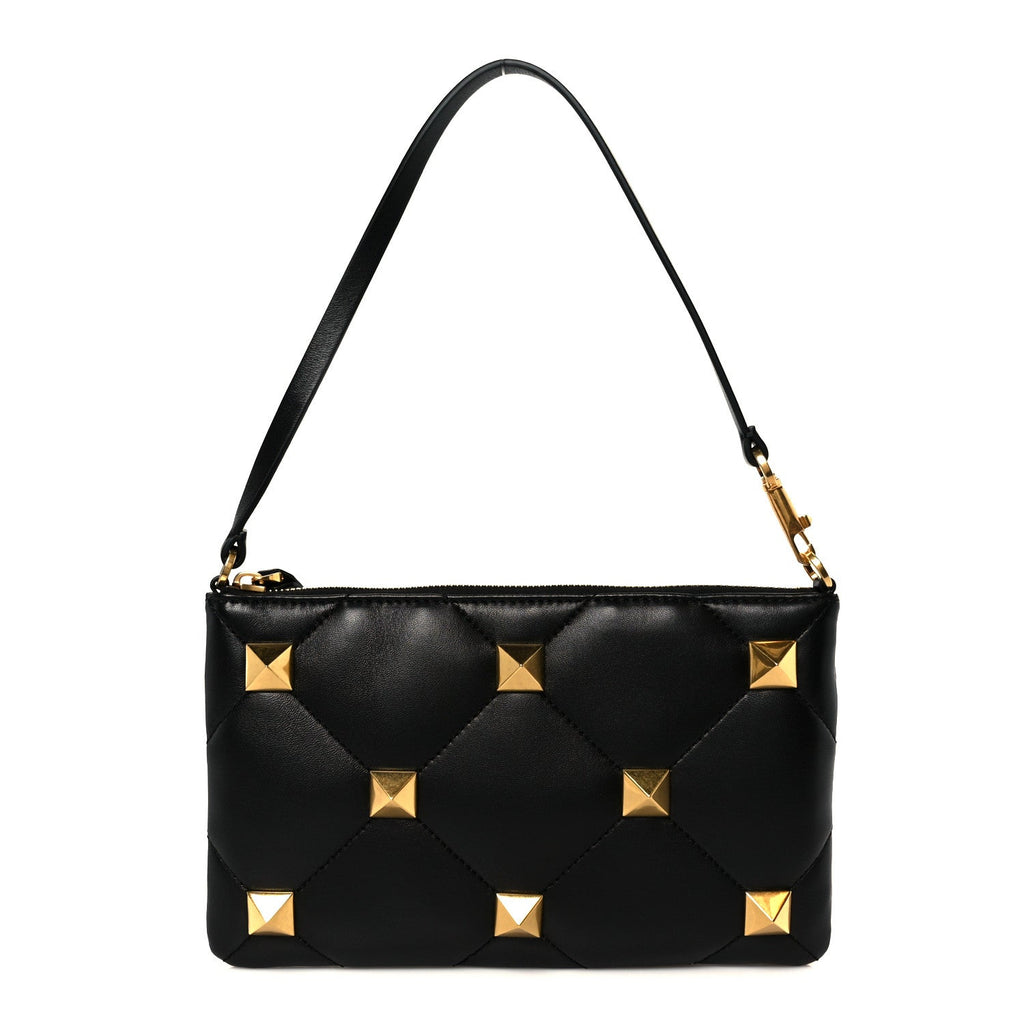 Nappa Quilted Roman Stud Zip Pouch Black