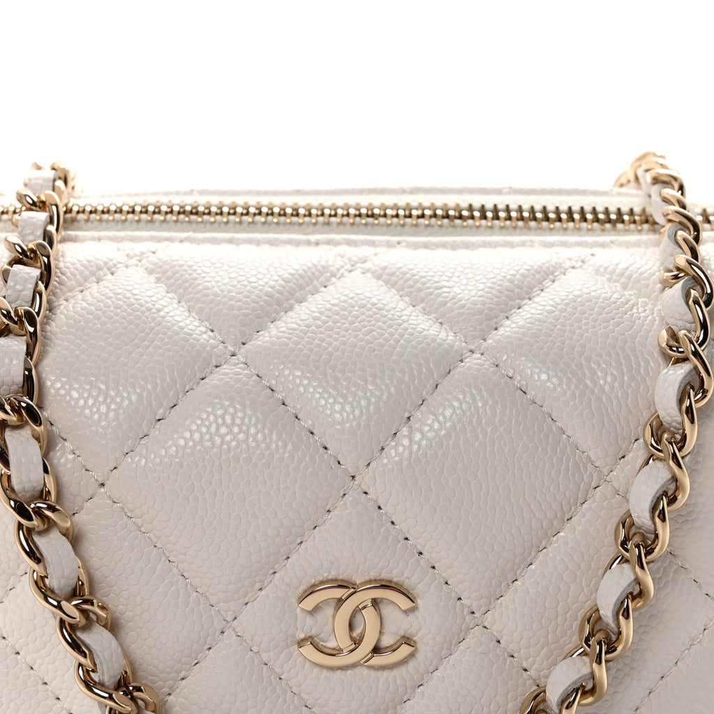 Caviar Quilted Hobo Clutch With Chain White
