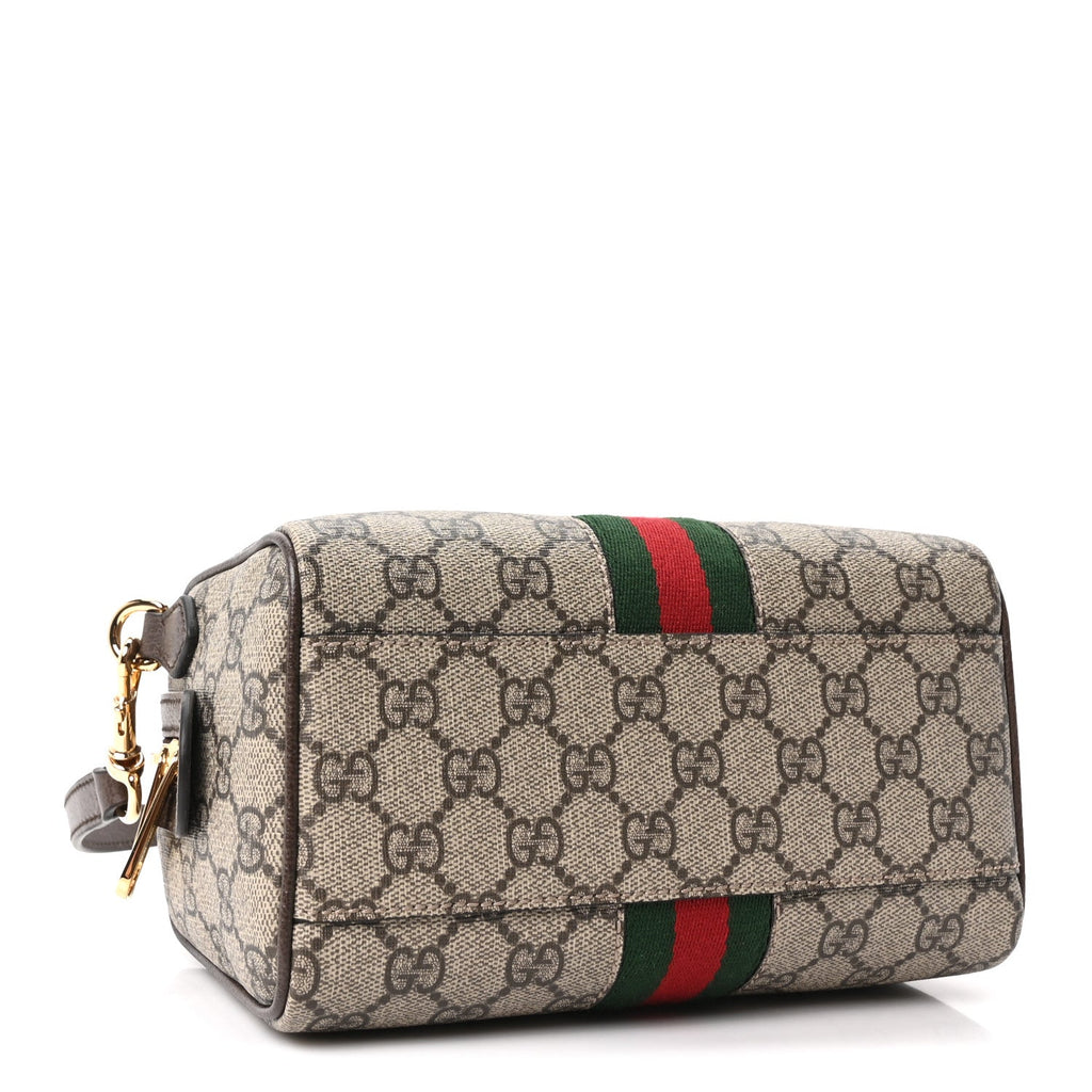 GG Supreme Monogram Textured Dollar Calfskin Web Mini Ophidia Top Handle Bag Beige Ebony New Acero
