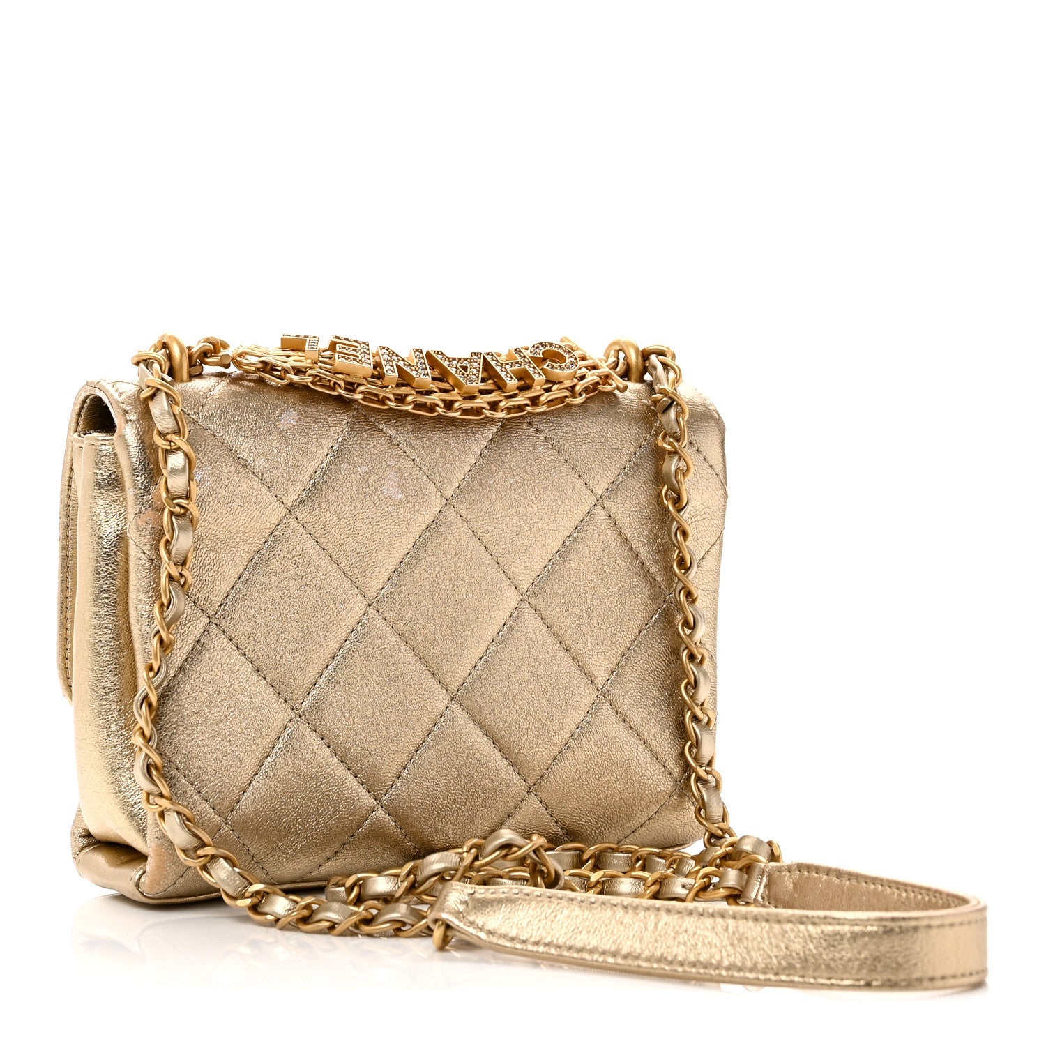 Metallic Lambskin Quilted Mini CC Crystal Logo Chain Flap Gold