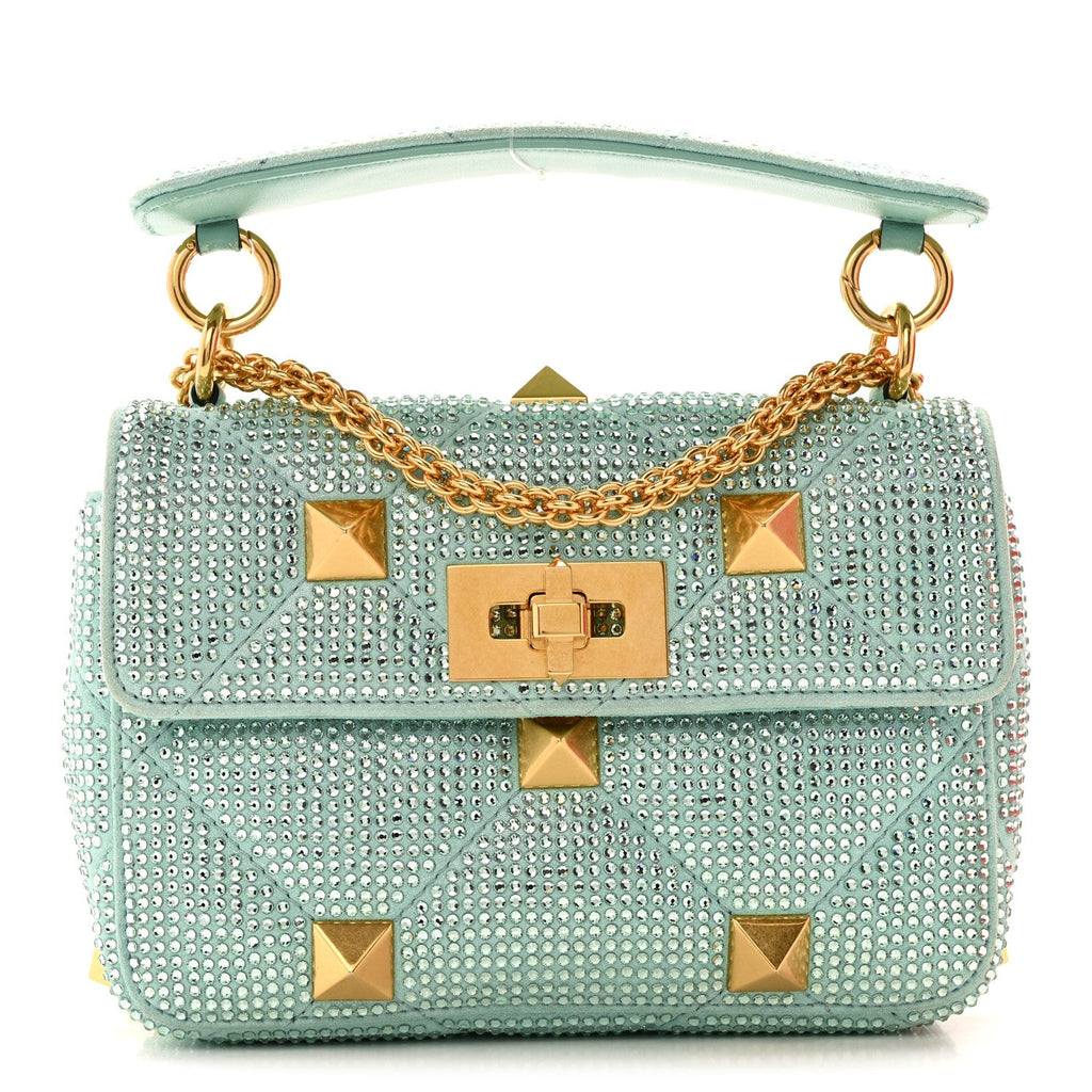 Crystal Suede Small Roman Stud Shoulder Bag Green