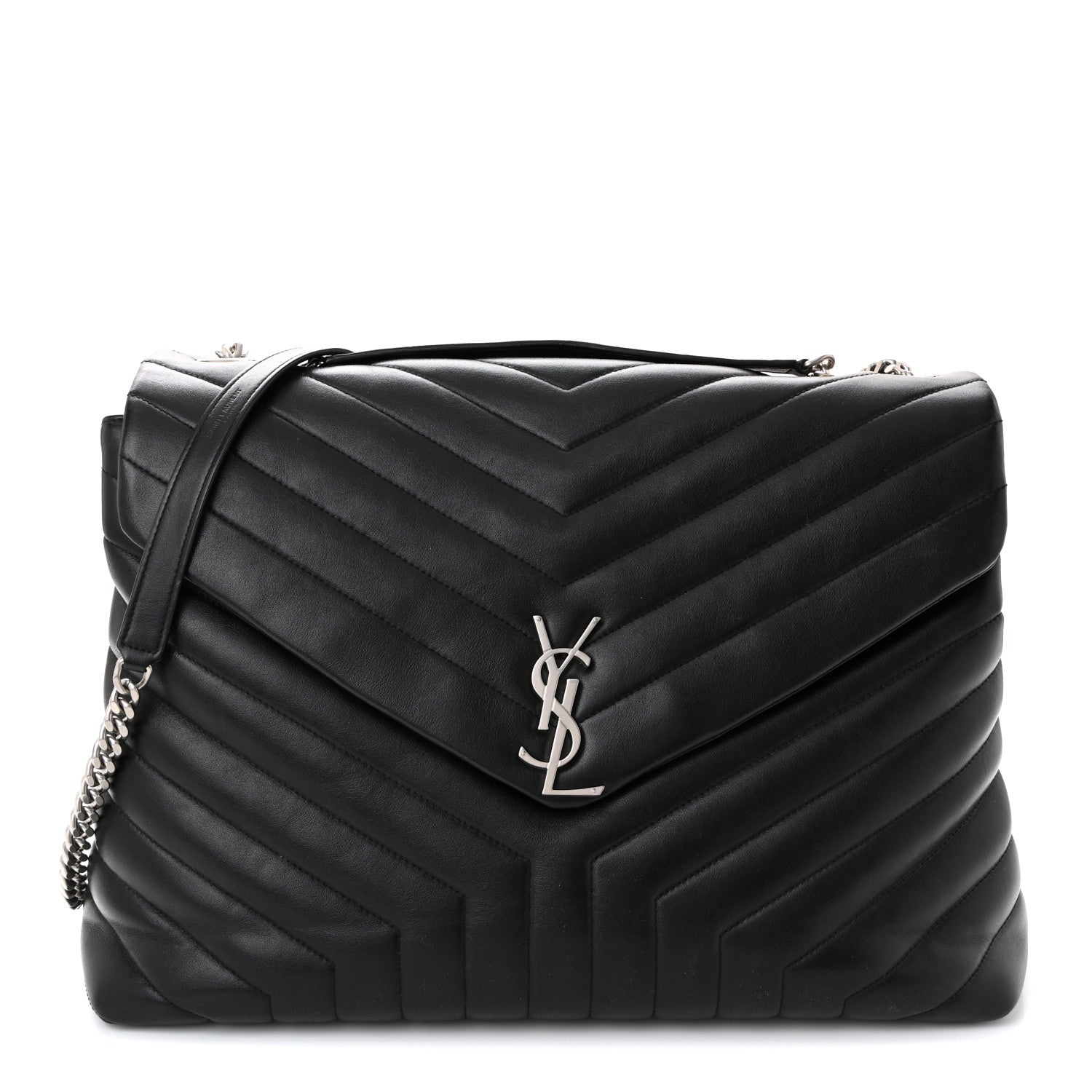 Calfskin Y Quilted Monogram Large Loulou Chain Satchel Black