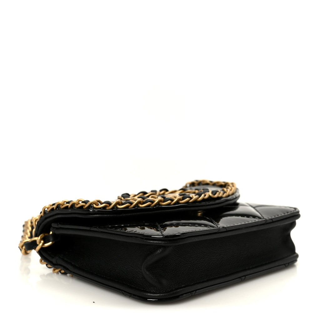 Patent Quilted Chain Around Heart Mini Chain Flap Black