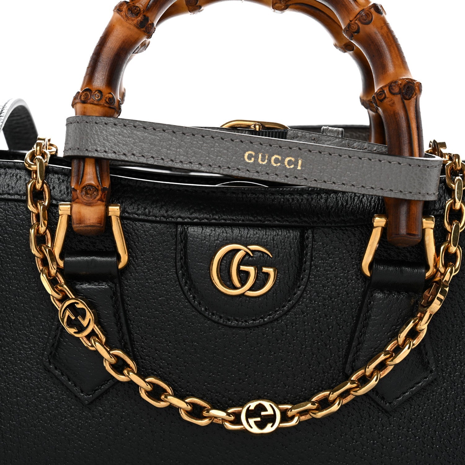 Textured Dollar Calfskin Web Small Diana Shoulder Bag Black Dusty Grey
