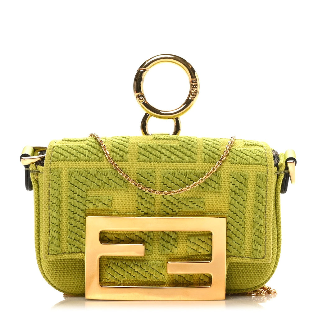 Canvas Vitello King FF Embroidered Nano Maxi Buckle Baguette Charm Wasabi