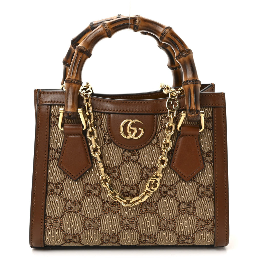 New Canvas Charisma Calfskin Crystal GG Monogram Mini Diana Tote Bag Camel Ebony