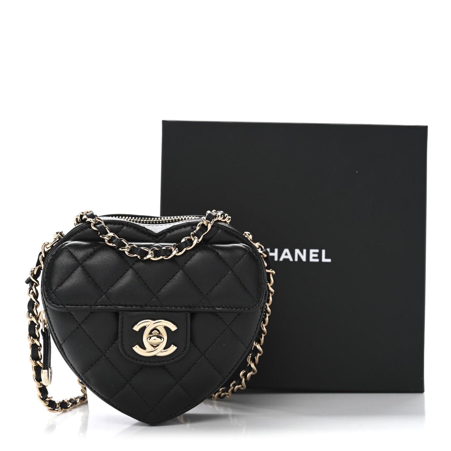 Lambskin Quilted CC In Love Heart Clutch With Chain Black