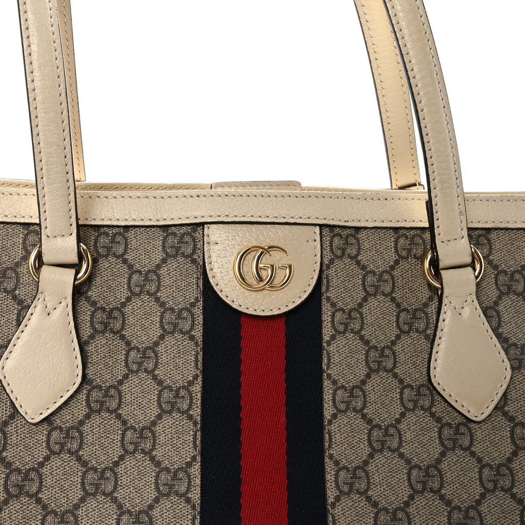 GG Supreme Monogram Textured Calfskin Web Medium Ophidia Shopping Tote Beige Ebony Mystic White