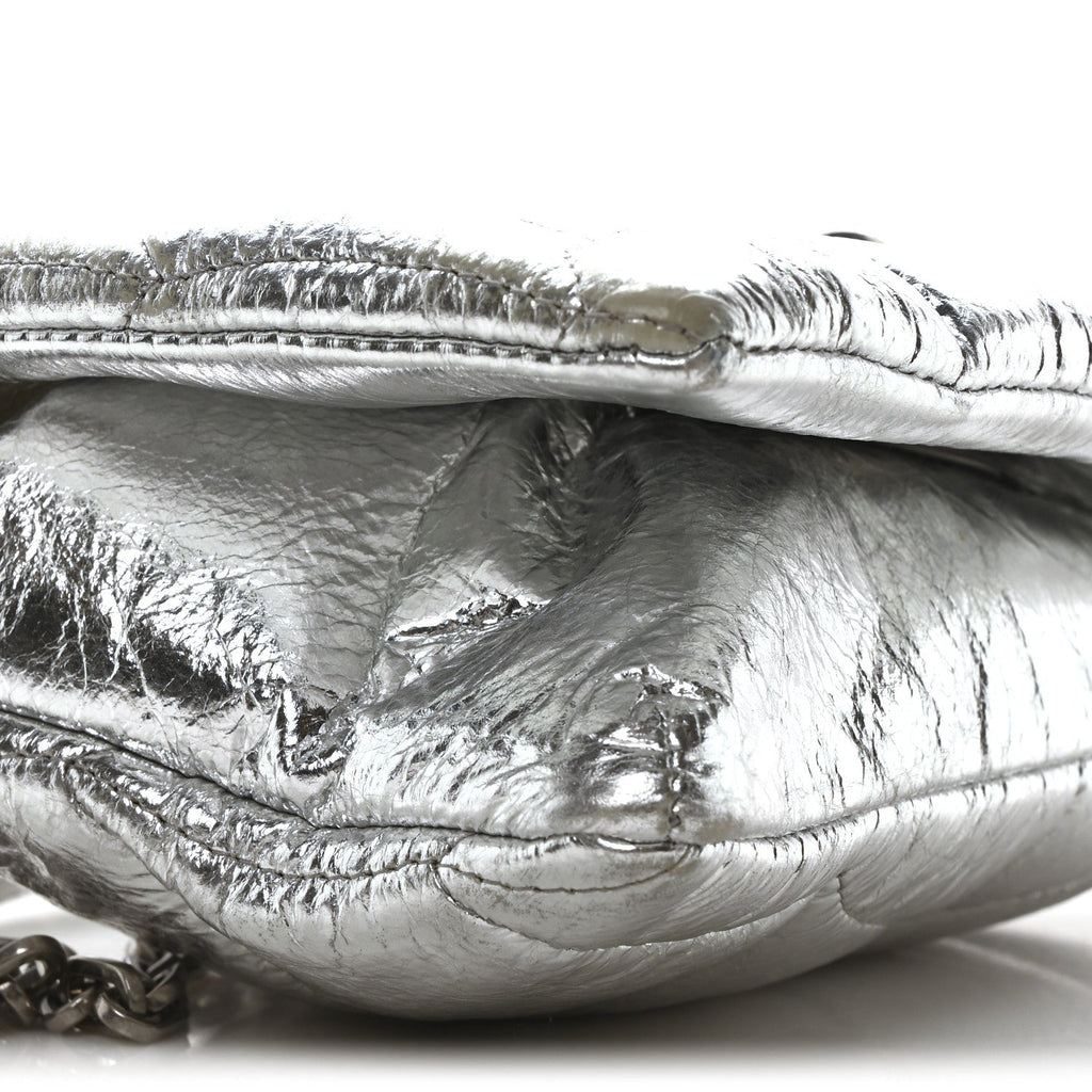 Metallic Crinkled Nappa Pillow Quilted Tiny Softie Bag Silver