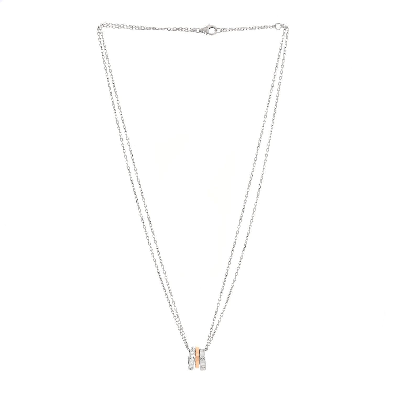 18K White Pink Gold Diamond Three Ring LOVE Pendant Necklace