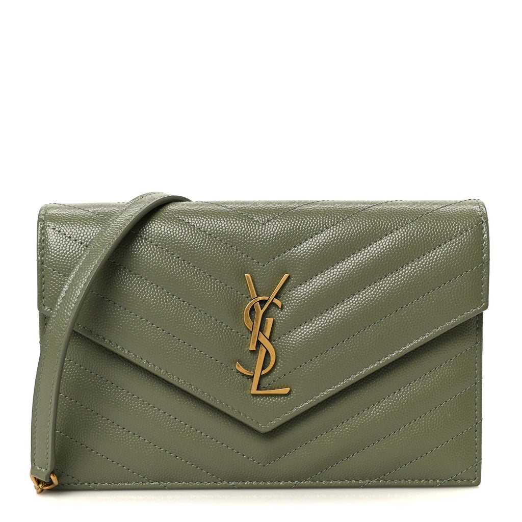 Grain De Poudre Matelasse Chevron Monogram Envelope Chain Wallet Light Sage