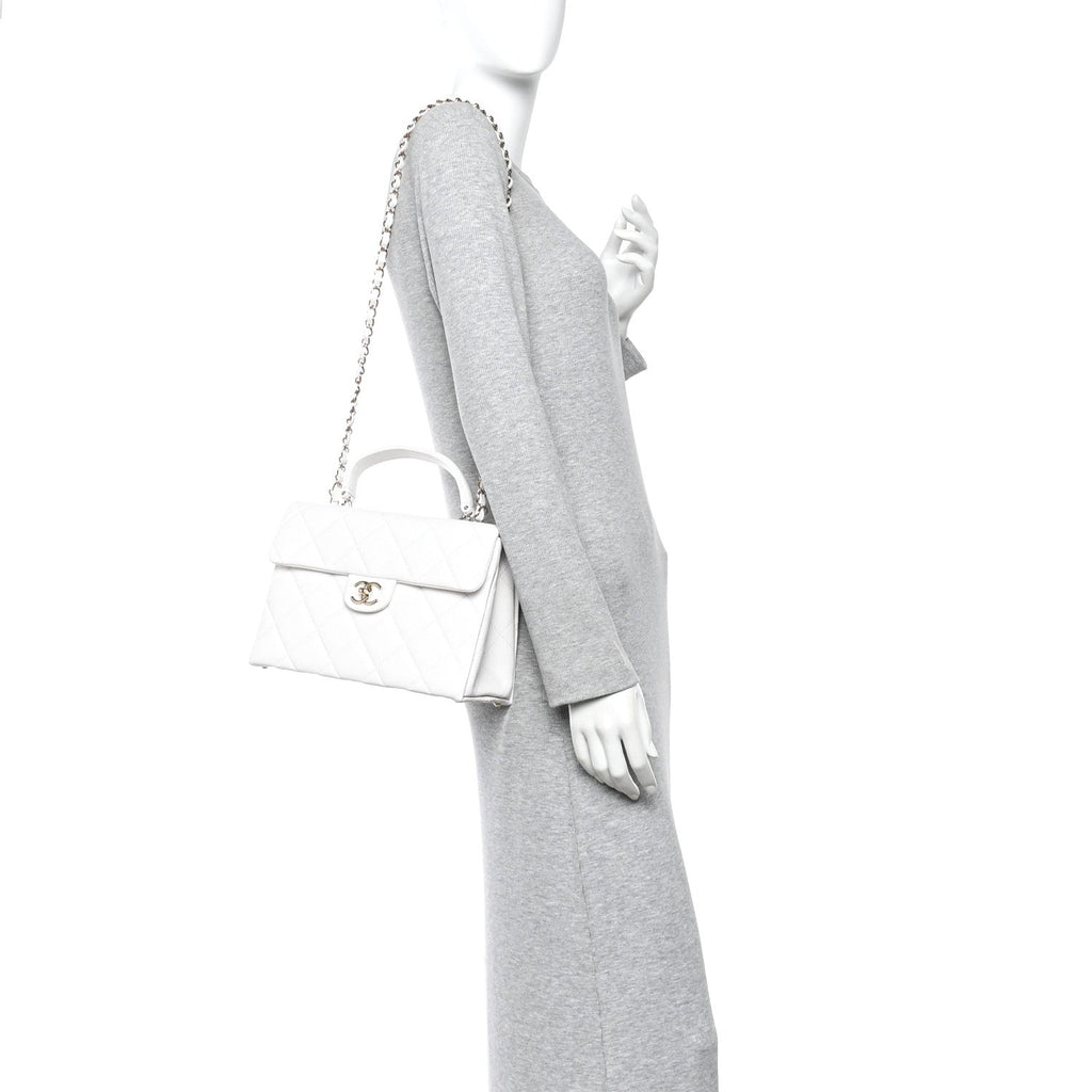 Caviar Quilted Medium Retro Twist Top Handle Flap White