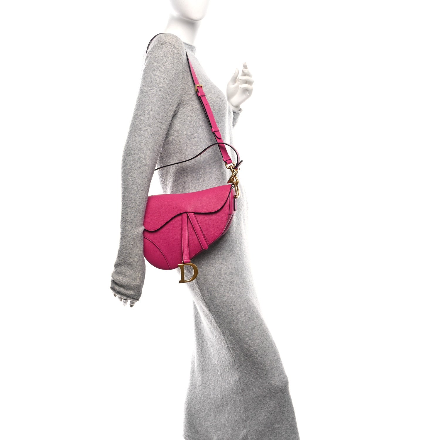 Grained Calfskin Saddle Bag With Strap Fuchsia