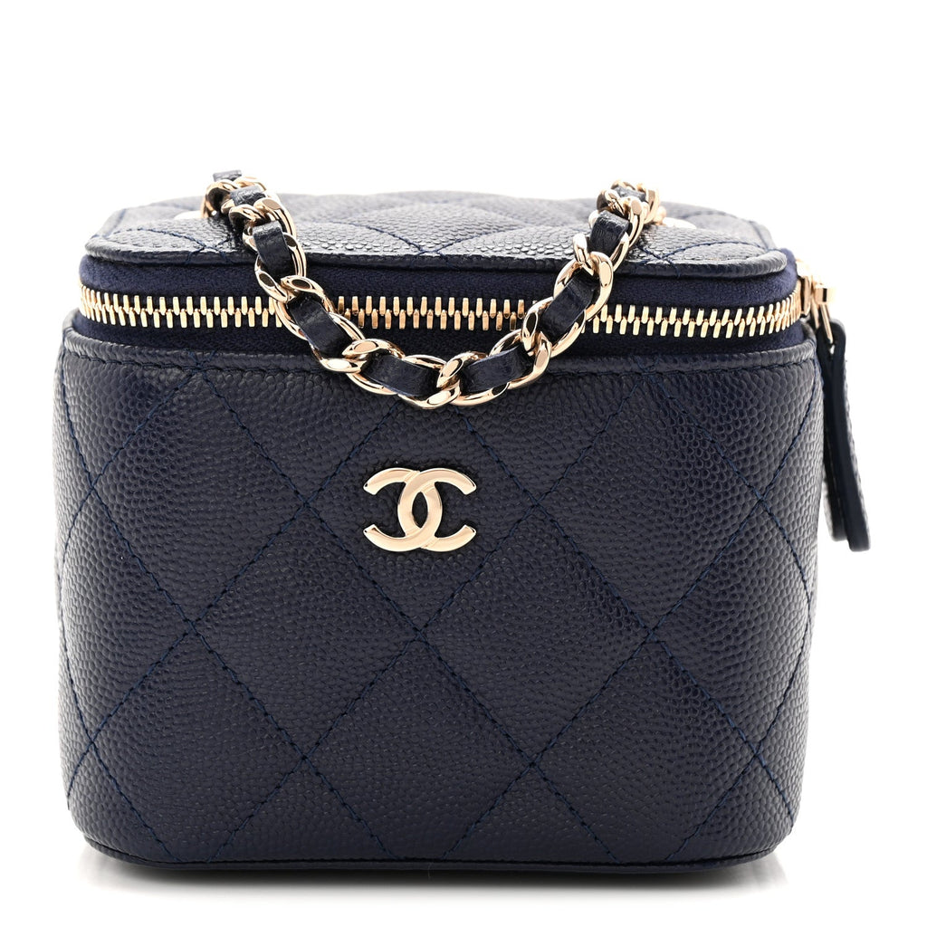 Caviar Quilted Mini Vanity Case With Chain Navy Blue