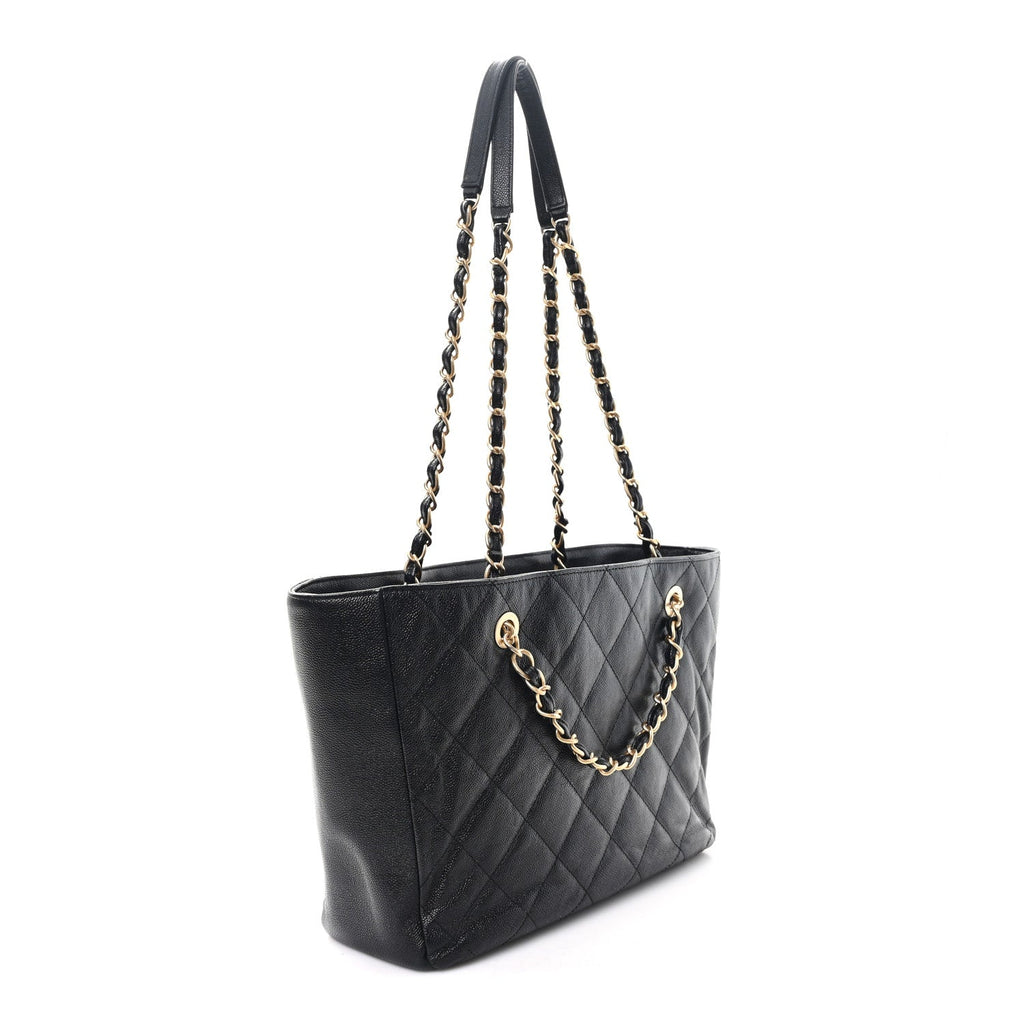 Caviar Quilted Small Trapezoid Chain Shopping Tote Black