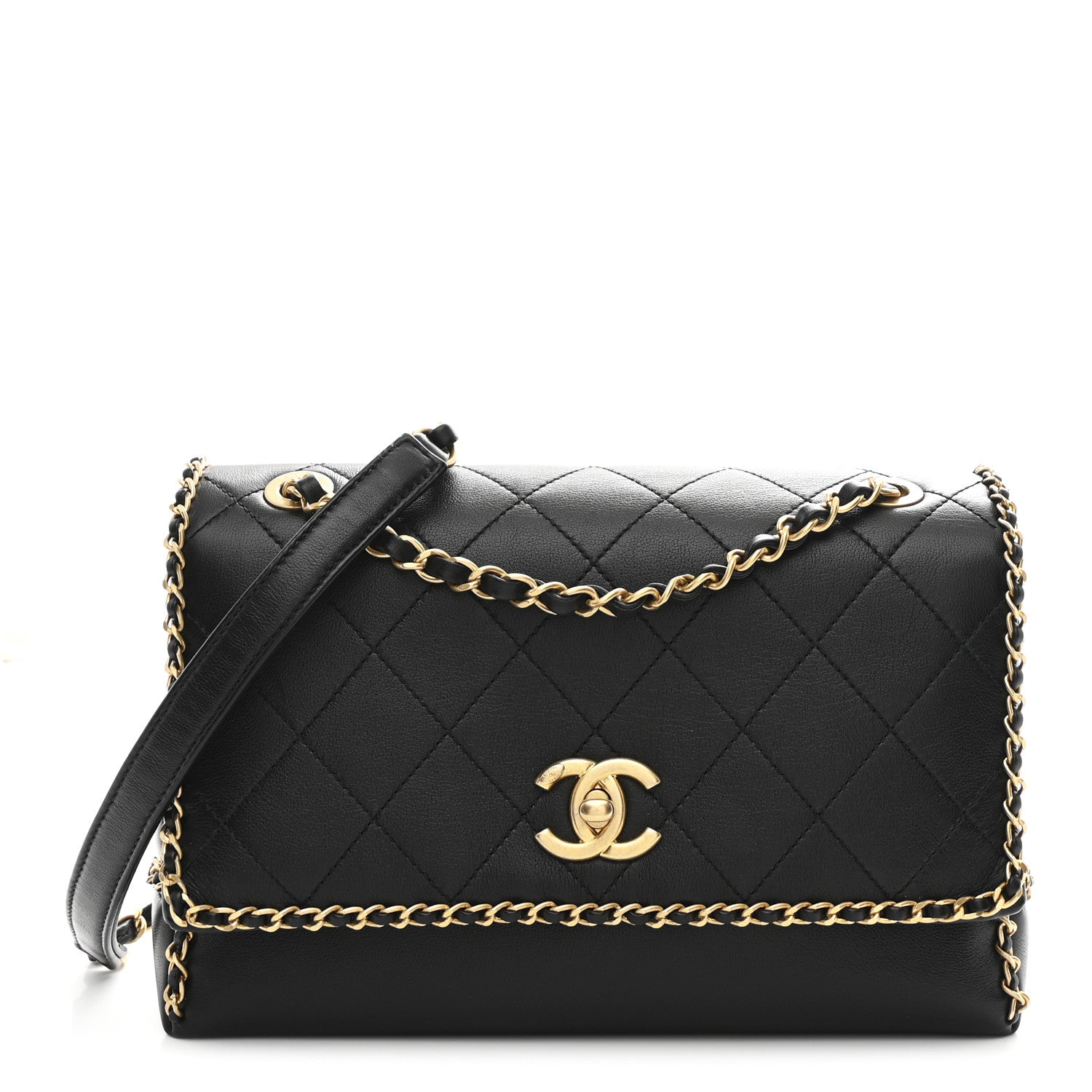 Calfskin Stitched Chain Flap Black