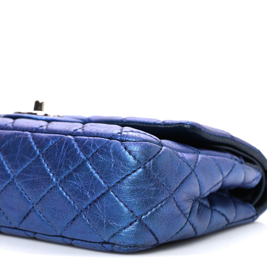 Metallic Lambskin Quilted Medium Double Flap Turquoise