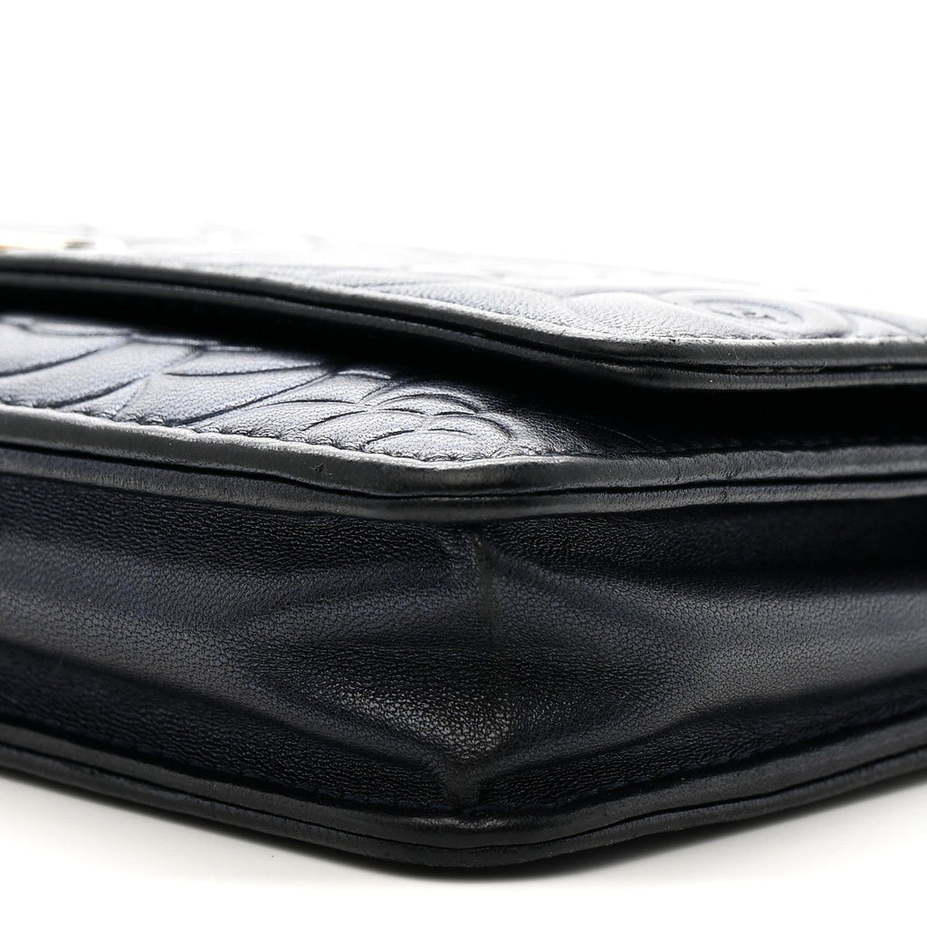 Metallic Lambskin Camellia Embossed Wallet on Chain WOC Navy