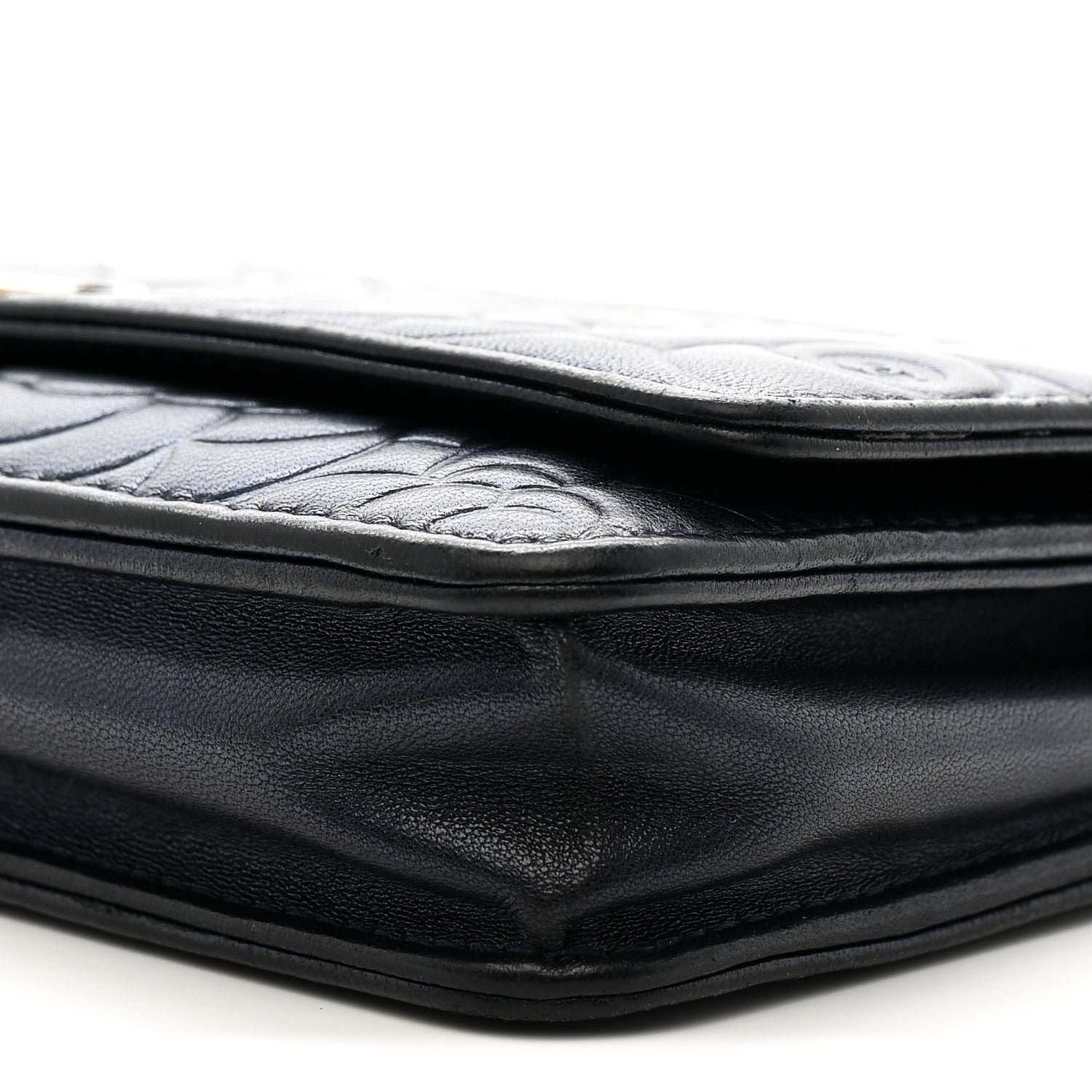 Metallic Lambskin Camellia Embossed Wallet on Chain WOC Navy