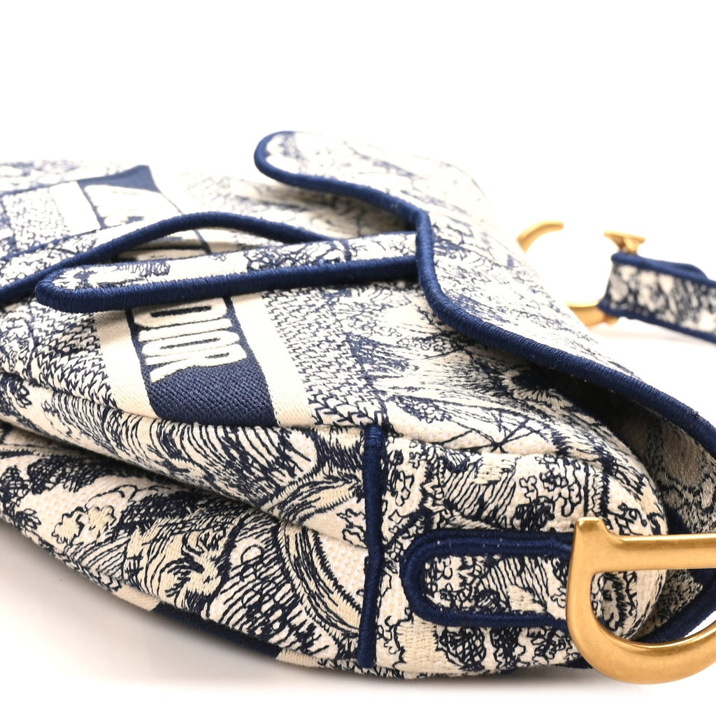 Canvas Embroidered Toile de Jouy Saddle Bag Blue