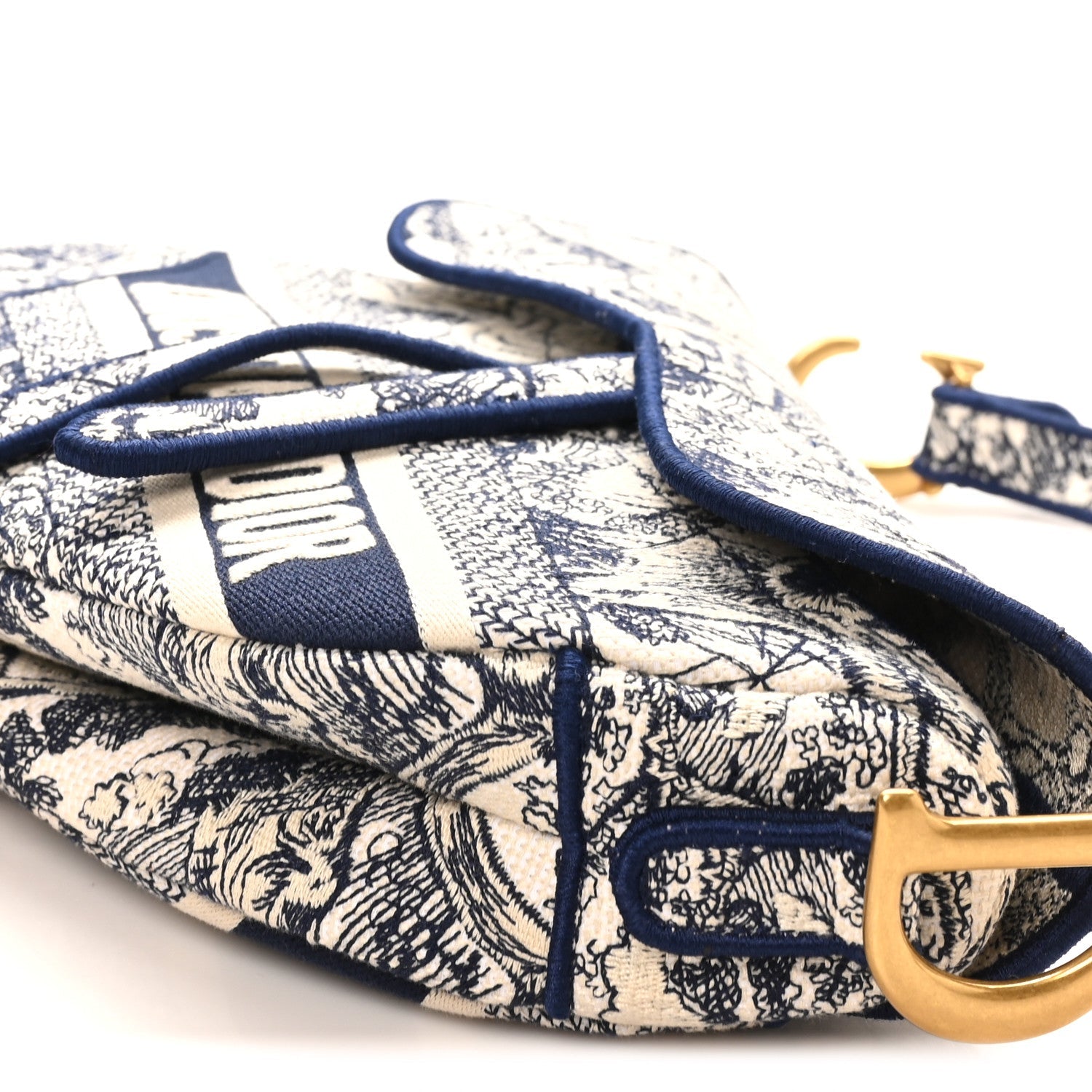 Canvas Embroidered Toile de Jouy Saddle Bag Blue