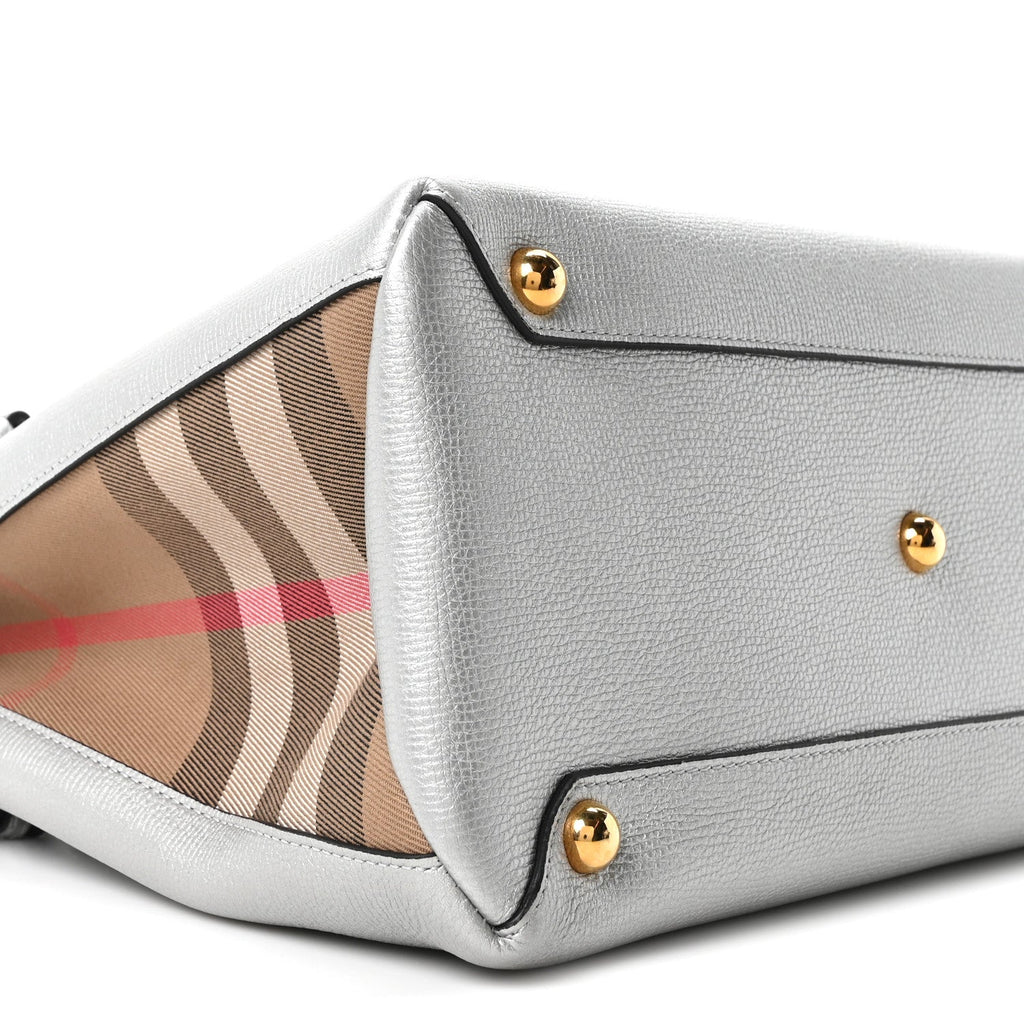 Metallic Grainy Calfskin House Check Medium Banner Tote Silver