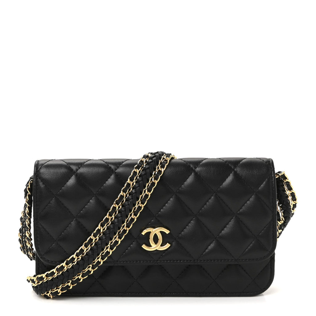 Lambskin Quilted Flap Shoulder Bag Chain Black