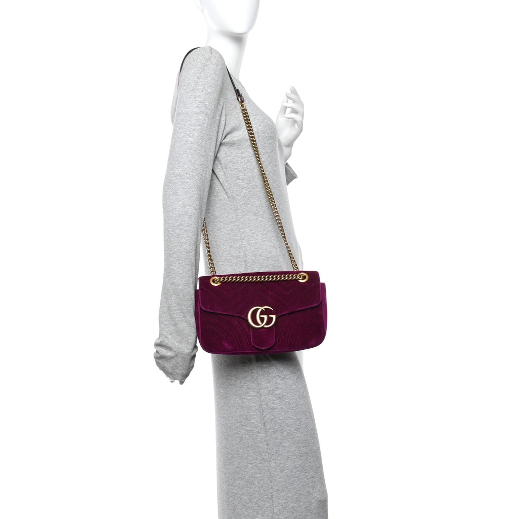 Velvet Matelasse Small GG Marmont Shoulder Bag Fuchsia Violet Cyclamen