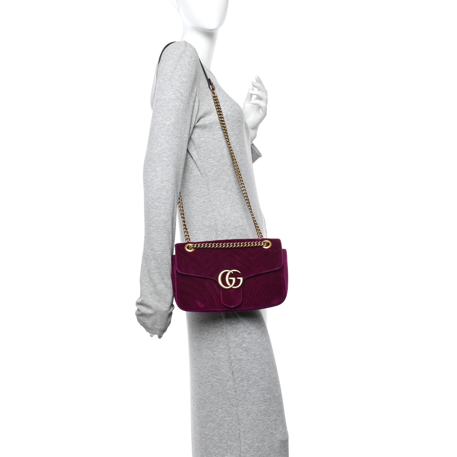 Velvet Matelasse Small GG Marmont Shoulder Bag Fuchsia Violet Cyclamen