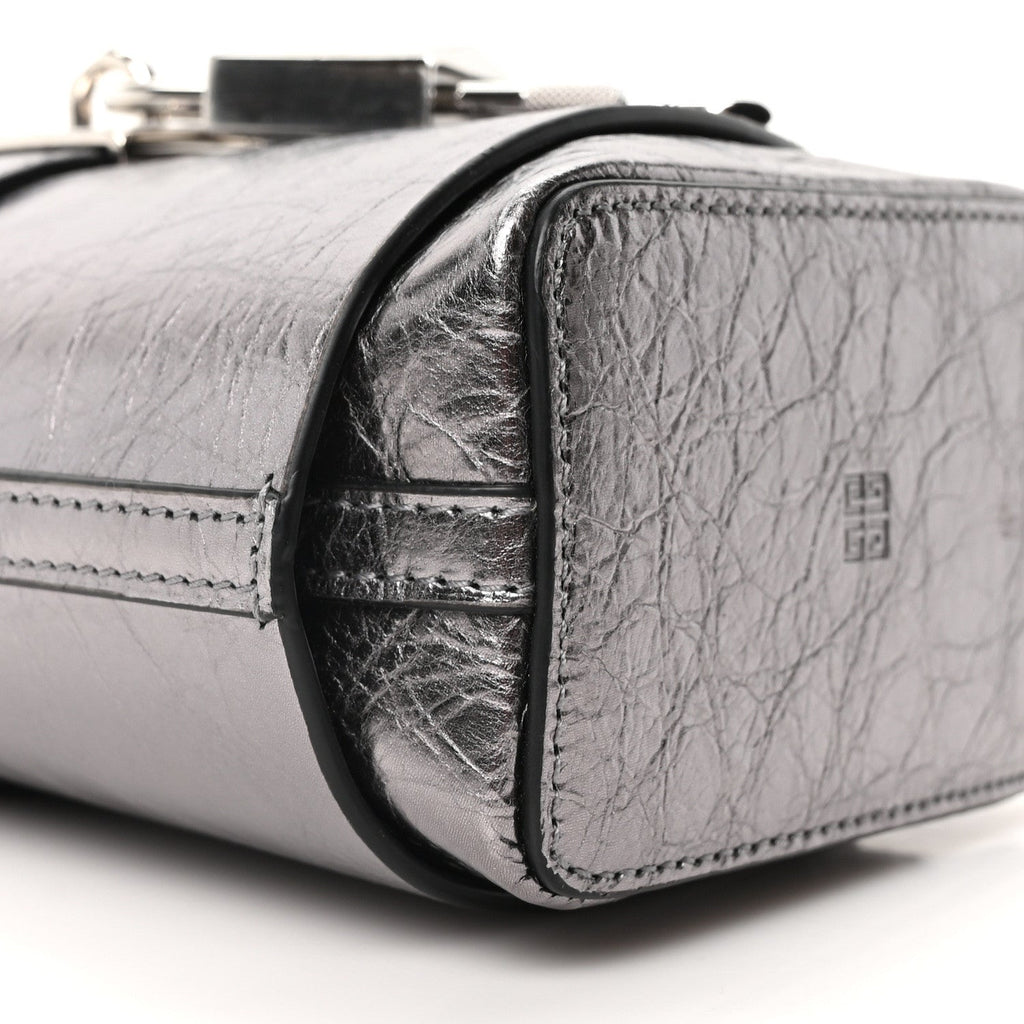Laminated Lambskin Micro Shark Lock Bucket Bag Silvery Grey