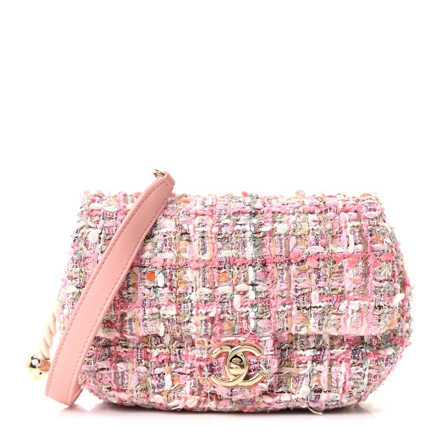Tweed Mini Pearl Handle Flap Pink Beige Orange Ecru