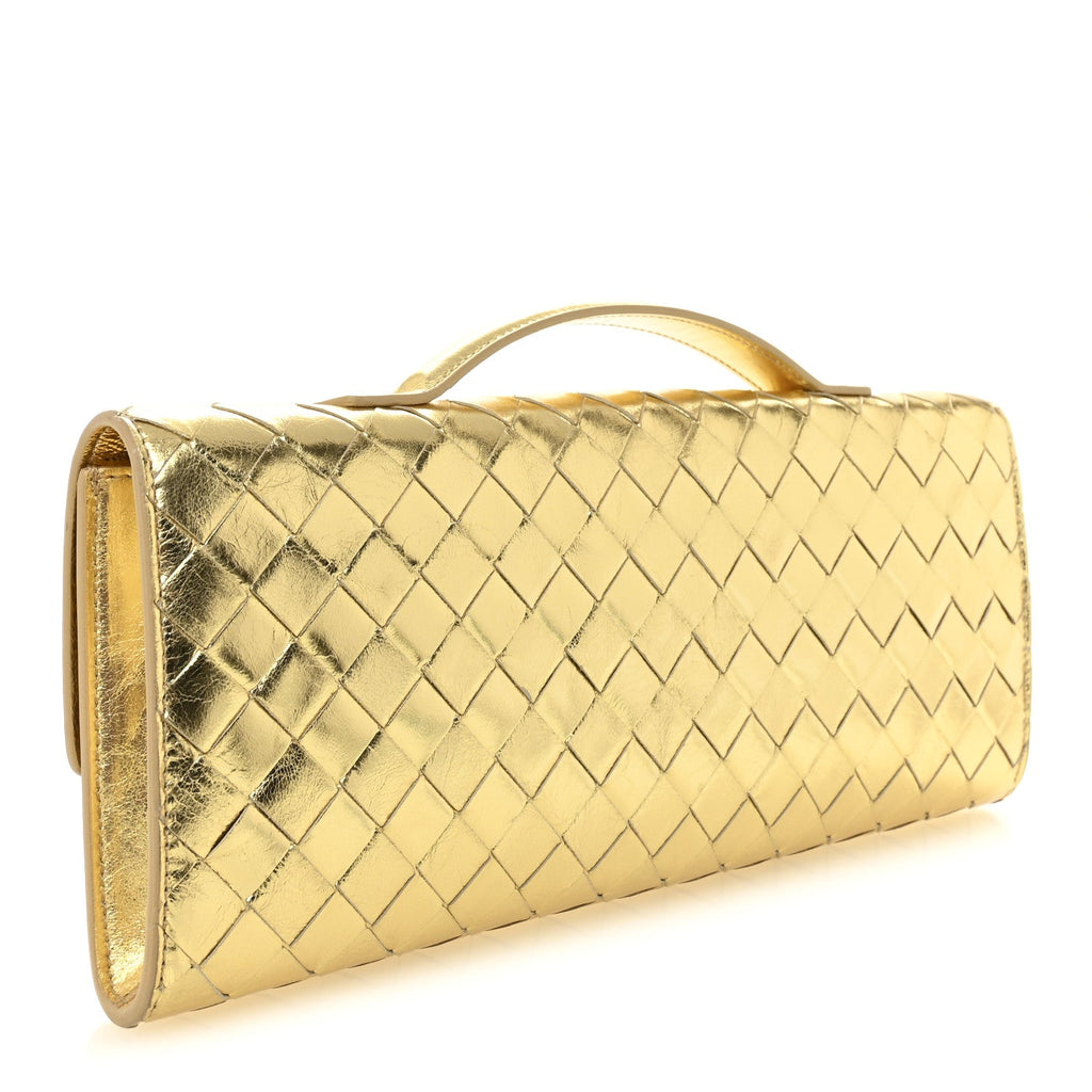 Metallic Lambskin Intrecciato Long Andiamo Top Handle Clutch Gold