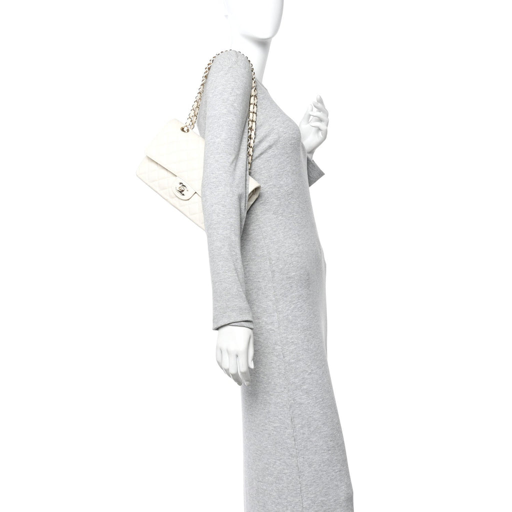 Caviar Quilted Medium Double Flap White