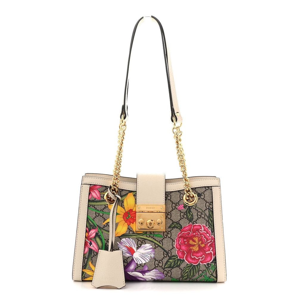 GG Supreme Monogram Flora Textured Calfskin Small Padlock Tote Beige Ebony Multicolor Mystic White